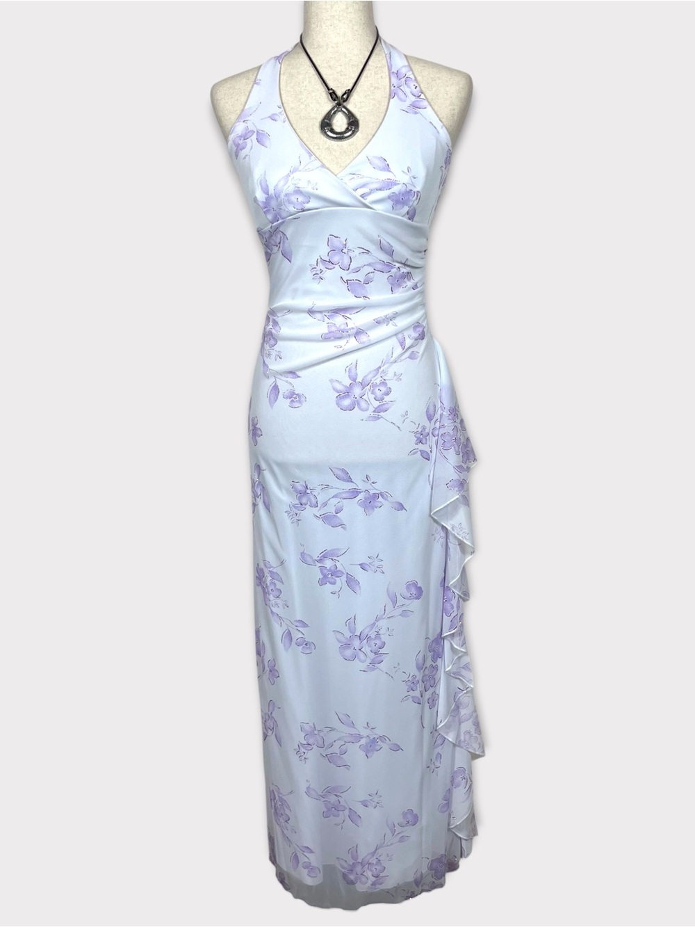 Y2k Taboo Halter Babydoll Floral Maxi Dress Small Ruffle Fairy Coquette Glitter
